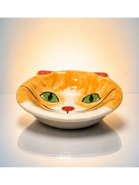 Bandwagon 2000s Hand-Painted Ceramic Orange Tabby Cat Trinket Dish, 5.25x1.5”